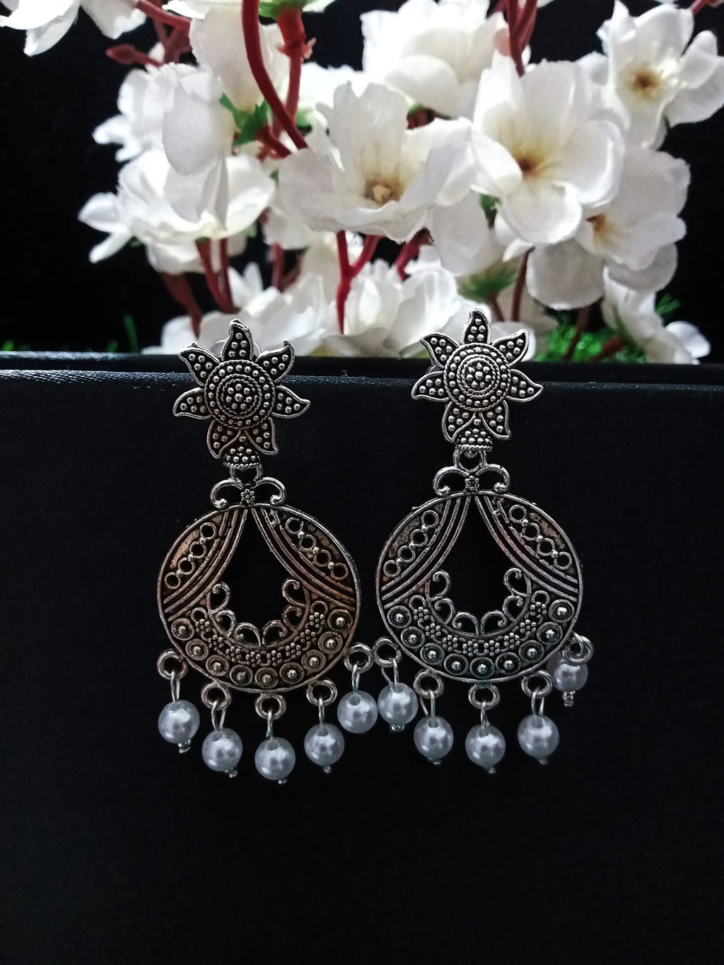 E0752_Lovely german silver oxidized crafted sun design earrings with delicate work with a touch of pearls.