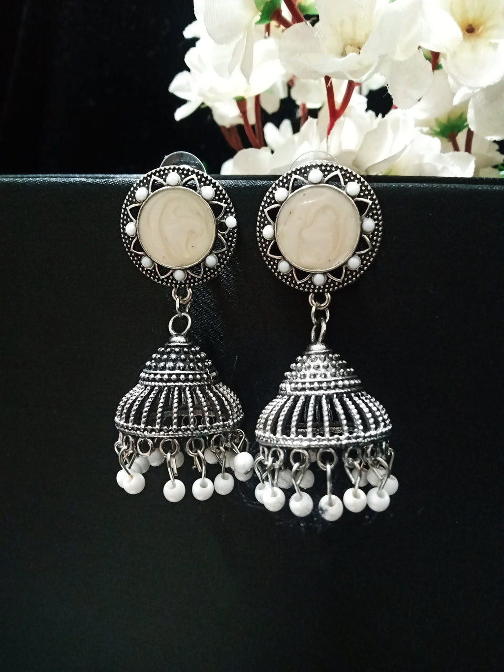 E0753_Lovely german silver oxidized jumkas with a touch of beads and stones.