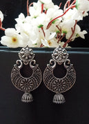 E0762_Classy crafted German silver oxidized danglers with delicate designs along with a jumka drop.