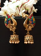 E0763_Gorgeous crafted peacock design German silver oxidized jumkas with bead drops studded with multi color stones.