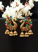 E0765_Gorgeous crafted peacock design German silver oxidized danglers with jumka drops with bead drops studded with multi color stones.