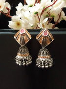 E0767_Lovely crafted design German silver oxidized jumkas with a touch of bead drops.