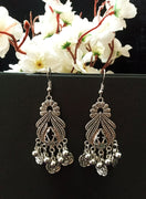 E0777_Lovely German silver oxidized earrings with delicate designs and bead drops.