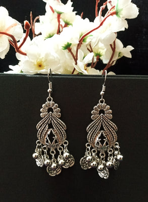 E0777_Lovely German silver oxidized earrings with delicate designs and bead drops.