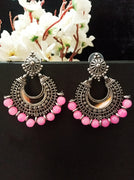 E0779_Lovely crafted circular shaped earrings with delicate patterns with a touch of vibrant pink beads studded with a mirror.