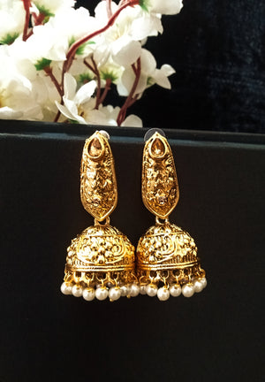 E0782_Lovely traditional design jumkas with delicate art work with a touch of bead drops studded with stones.