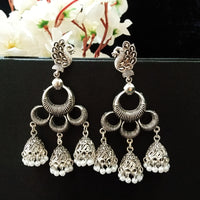 E0757_Lovely German silver oxidized peacock design earrings with jumka drops with a touch of bead drops.