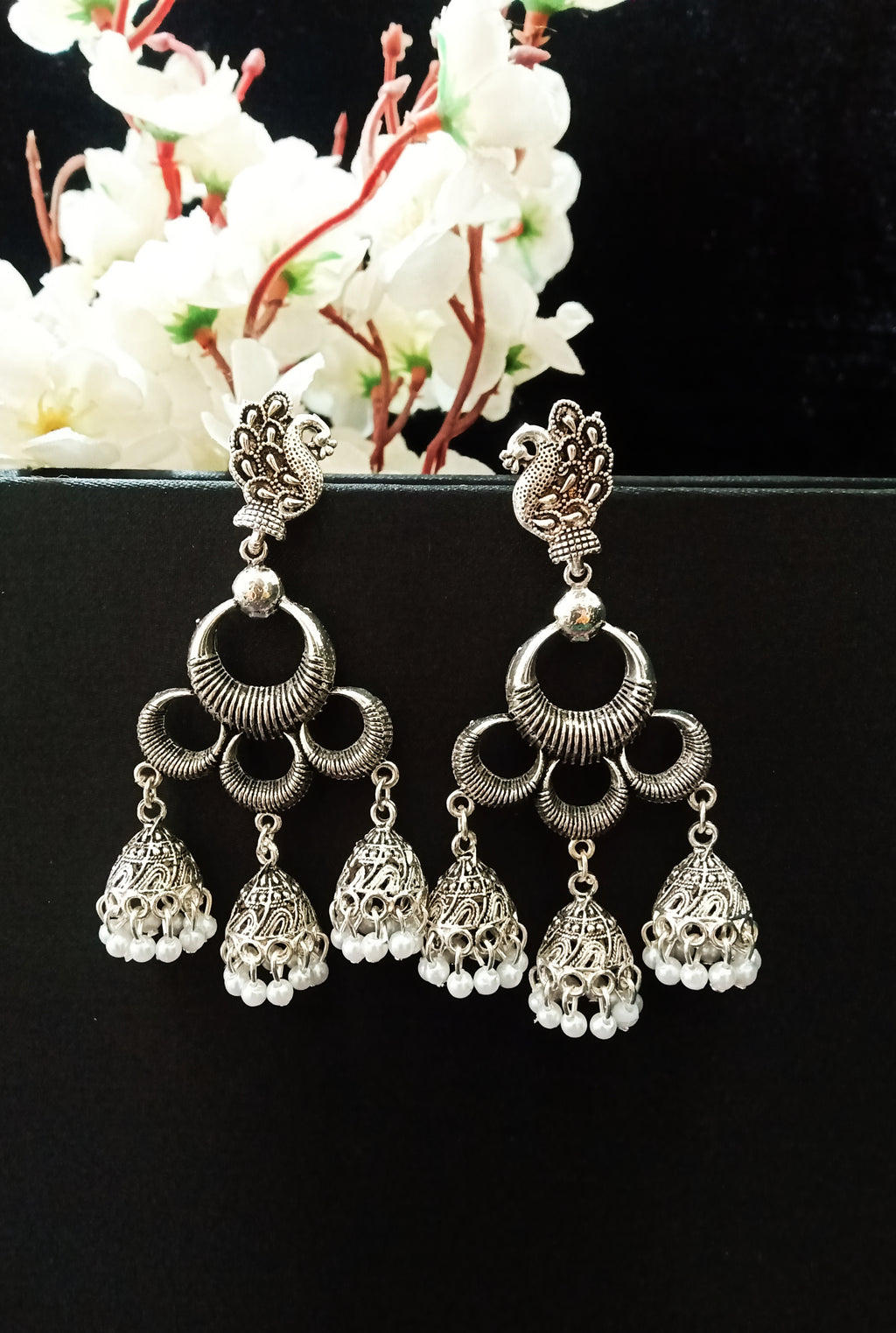 E0757_Lovely German silver oxidized peacock design earrings with jumka drops with a touch of bead drops.