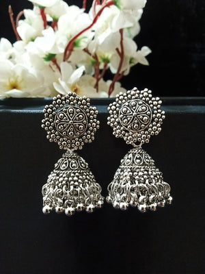 E0783_Classy oxidized jumkas with delicate art work with a touch of bead drops.