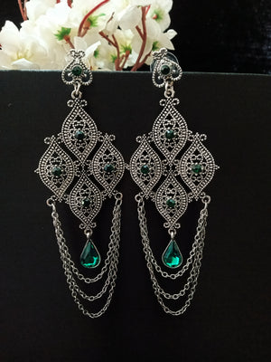 E0785_Classy oxidized diamond shaped design chain drop danglers with a touch of dazzling stones.