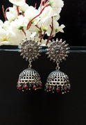 E0786_Gorgeous oxidized crafted jumkas with a touch of black & maroon bead drops.