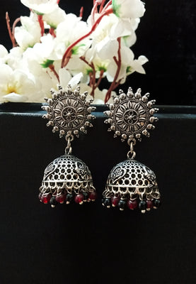 E0786_Gorgeous oxidized crafted jumkas with a touch of black & maroon bead drops.