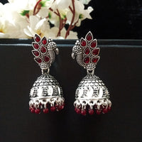 E0787_Gorgeous oxidized peacock design jumkas with a touch of bead drops studded with dazzling stones.