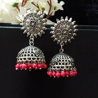 E0756_Lovely German silver oxidized jumkas with a touch of pink bead drops.