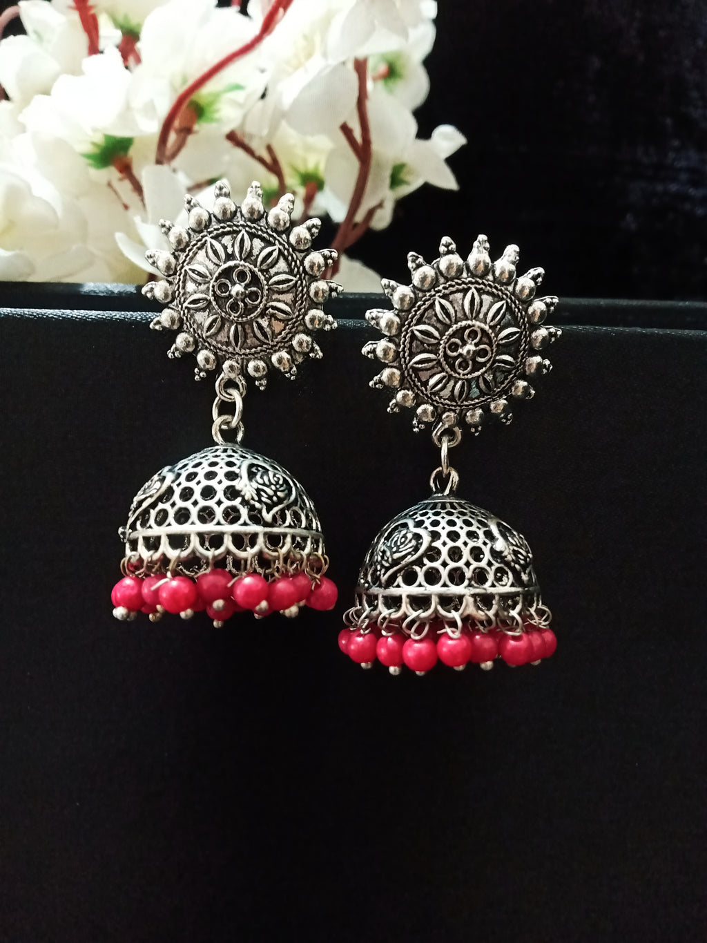 E0756_Lovely German silver oxidized jumkas with a touch of pink bead drops.