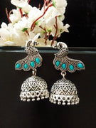 E0791_Lovely oxidized crafted peacock design jumkas with a touch of dazzling stone work with a touch of bead drops.