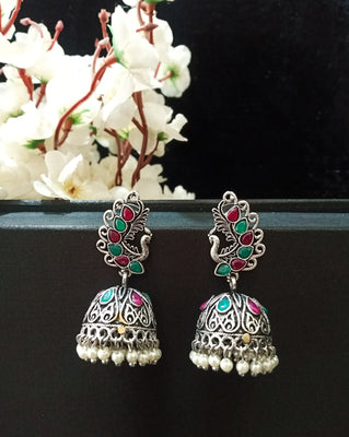 E0792_Beautiful crafted peacock design jumkas with a touch of dazzling stone work with a touch of bead drops.