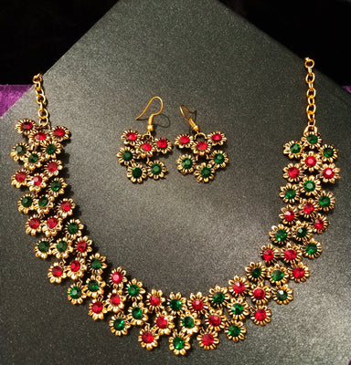 N0264_Lovely flower design Choker necklace set with delicate craft work with a touch of red and green stones.