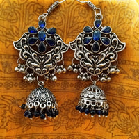 E0761_Classic crafted German silver oxidized danglers with a jumka drop along with a touch of stones and bead drops studded with blue stones.