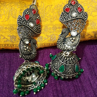 E0768_Lovely crafted kan pasha design German silver oxidized peacock pattern jumkas with a touch of stones & bead drops.