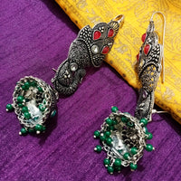 E0768_Lovely crafted kan pasha design German silver oxidized peacock pattern jumkas with a touch of stones & bead drops.