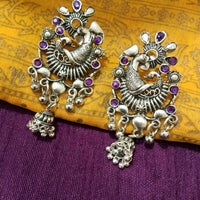 E0769_Lovely crafted German silver oxidized peacock pattern danglers with a touch of jumka drops studded with stones along with bead drops.