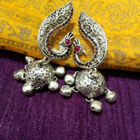 E0770_Lovely crafted German silver oxidized peacock pattern jumkas with a touch of jumka stones along with bead drops.