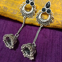 E0771_ Classy crafted German silver oxidized chain drop jumkas with a touch of stones along with bead drops.