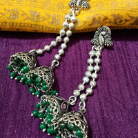 E0775_Lovely crafted German silver oxidized chain drop danglers with a touch of jumka drops along with beads.