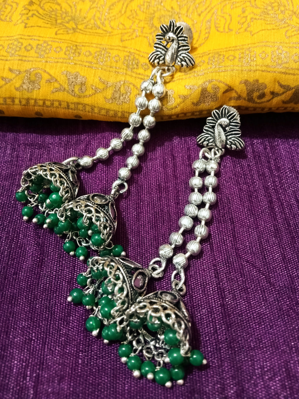 E0775_Lovely crafted German silver oxidized chain drop danglers with a touch of jumka drops along with beads.