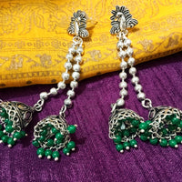 E0775_Lovely crafted German silver oxidized chain drop danglers with a touch of jumka drops along with beads.
