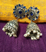 E0776_Gorgeous German silver oxidized jumkas with a touch of stones with bead drops.