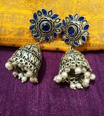 E0776_Gorgeous German silver oxidized jumkas with a touch of stones with bead drops.
