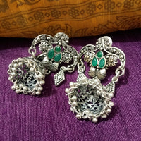 E0777_Gorgeous crafted German silver oxidized jumkas with delicate designs with a touch of stones along with bead drops.