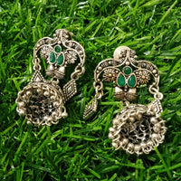 E0777_Gorgeous crafted German silver oxidized jumkas with delicate designs with a touch of stones along with bead drops.