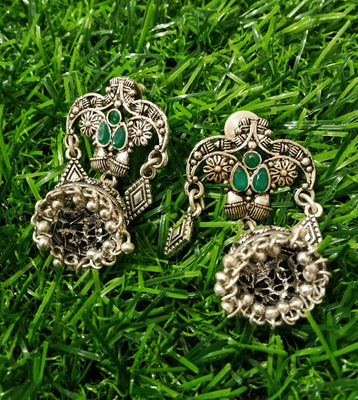 E0777_Gorgeous crafted German silver oxidized jumkas with delicate designs with a touch of stones along with bead drops.