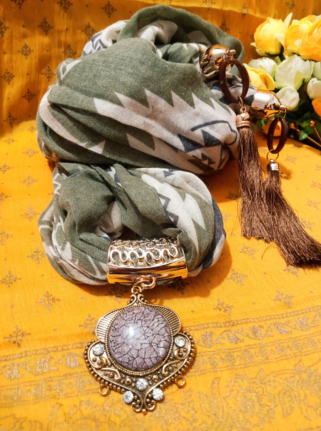 P050_Beautiful green color soft pendant scarf with a touch of beautiful bead work along with tassels.