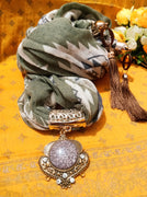P050_Beautiful green color soft pendant scarf with a touch of beautiful bead work along with tassels.