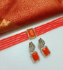 N0282_Classy deep orange crystal choker necklace set studded with dazzling American diamond stones.