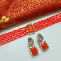 N0282_Classy deep orange crystal choker necklace set studded with dazzling American diamond stones.