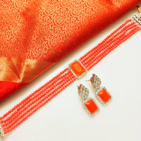 N0282_Classy deep orange crystal choker necklace set studded with dazzling American diamond stones.