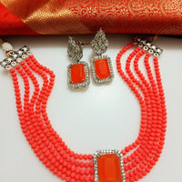 N0282_Classy deep orange crystal choker necklace set studded with dazzling American diamond stones.