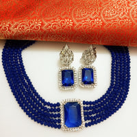 N0283_Royal blue crystal choker necklace set studded with dazzling American diamond stones.