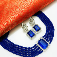 N0283_Royal blue crystal choker necklace set studded with dazzling American diamond stones.