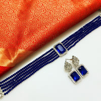 N0283_Royal blue crystal choker necklace set studded with dazzling American diamond stones.