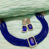 N0283_Royal blue crystal choker necklace set studded with dazzling American diamond stones.