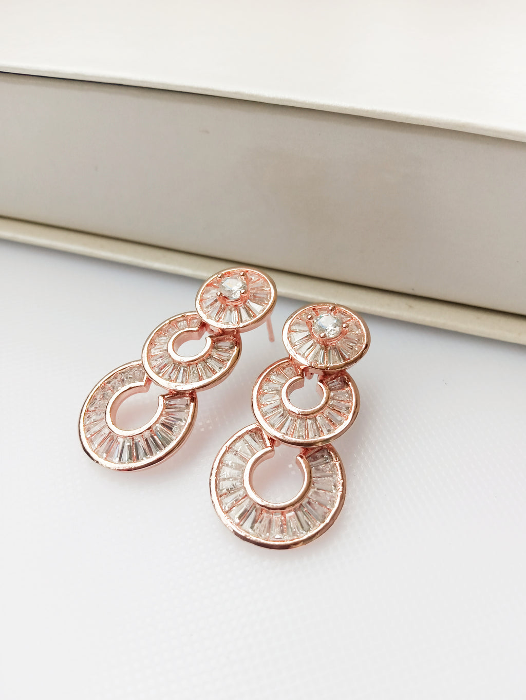 E0538_Premium Rose gold disc shaped American Diamond  Earrings.