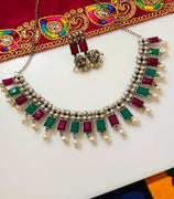 N0285_Classic German Silver Oxidized choker necklace set with delicate work studded with semi precious stones with a touch of pearl drops.