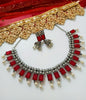 N0286_Classic crafted German Silver Oxidized red color choker necklace set with delicate work studded with semi precious stones with a touch of pearl drops.