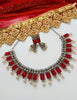 N0286_Classic crafted German Silver Oxidized red color choker necklace set with delicate work studded with semi precious stones with a touch of pearl drops.